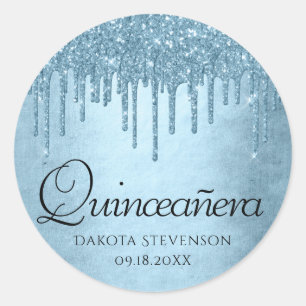 Dripping Ice Glitter Blue Sparkle Quinceanera Classic Round Sticker