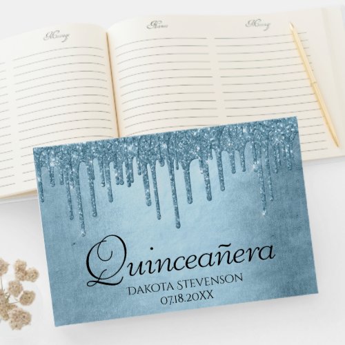Dripping Ice Glitter  Blue Sparkle Quinceanera Guest Book