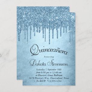 Dripping Ice Glitter Blue Sparkle Quinceanera Invitation
