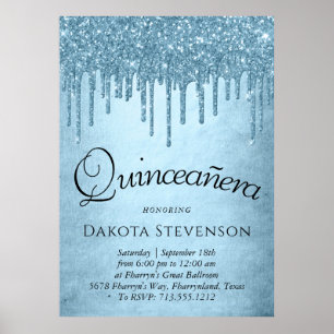 Dripping Ice Glitter Blue Sparkle Quinceanera Poster