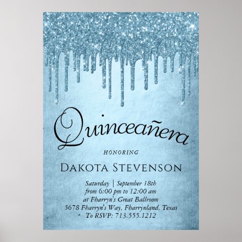Dripping Ice Glitter  Blue Sparkle Quinceanera Poster