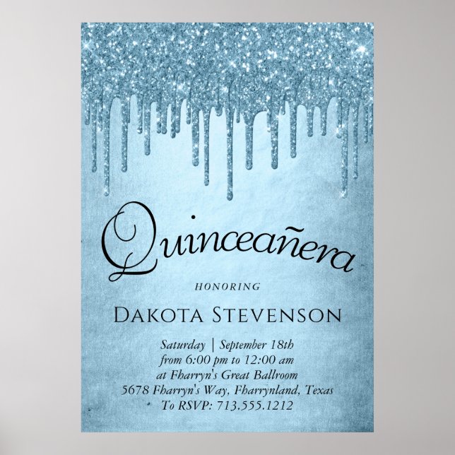 Dripping Ice Glitter | Blue Sparkle Quinceanera Poster (Front)