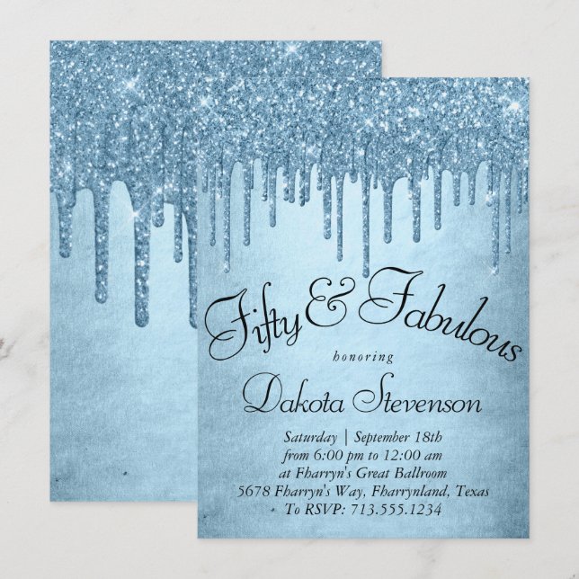 Dripping Ice Glitter | Glitzy Blue 50 and Fabulous Invitation (Front/Back)