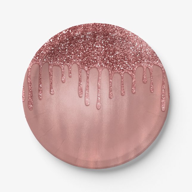 Dripping in Rose Gold Glitter Pretty Pink Drips Paper Plates (Front)
