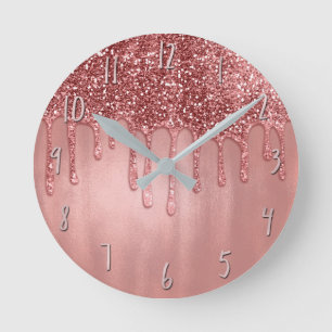 Dripping in Rose Gold Glitter Pretty Pink Drips Round Clock