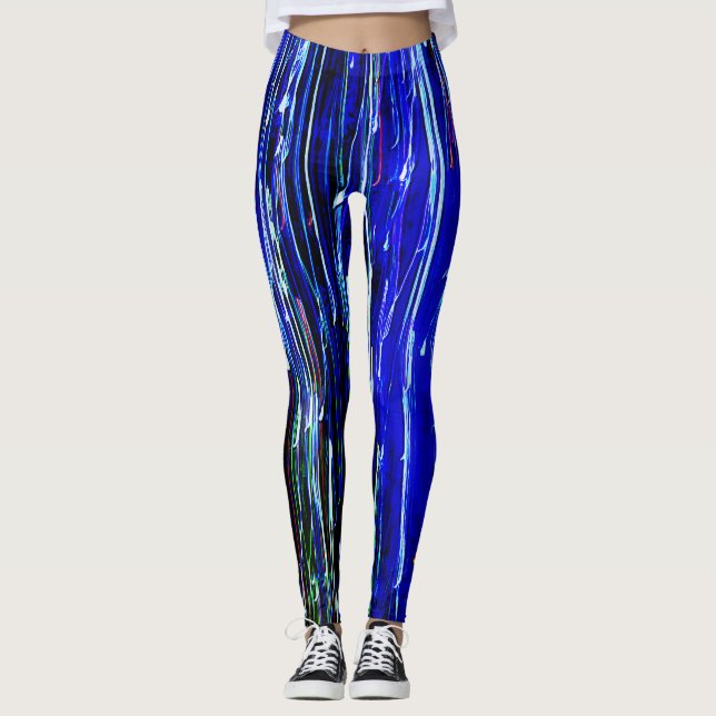 Dripping Lines Abstract Art Leggings Blue (Front)