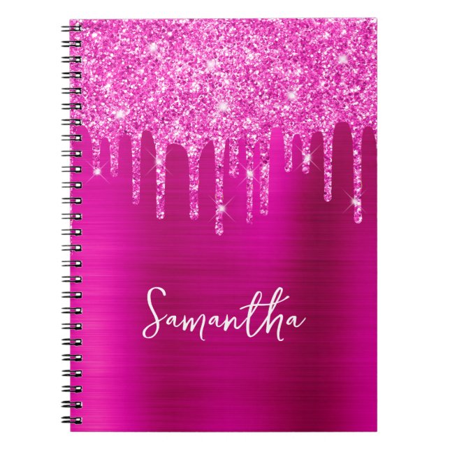 Dripping Magenta Glitter Glam Name Notebook (Front)