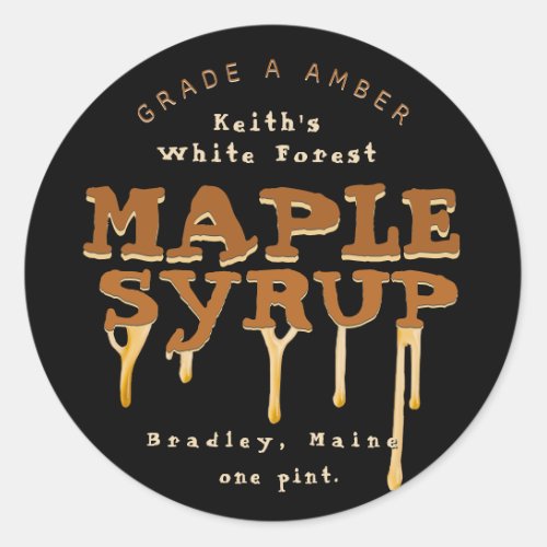 Dripping Maple Syrup Camp Font on Black Classic Round Sticker