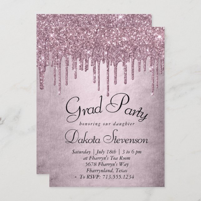 Dripping Mauve Glitter | Dusty Pink Graduation Invitation (Front/Back)
