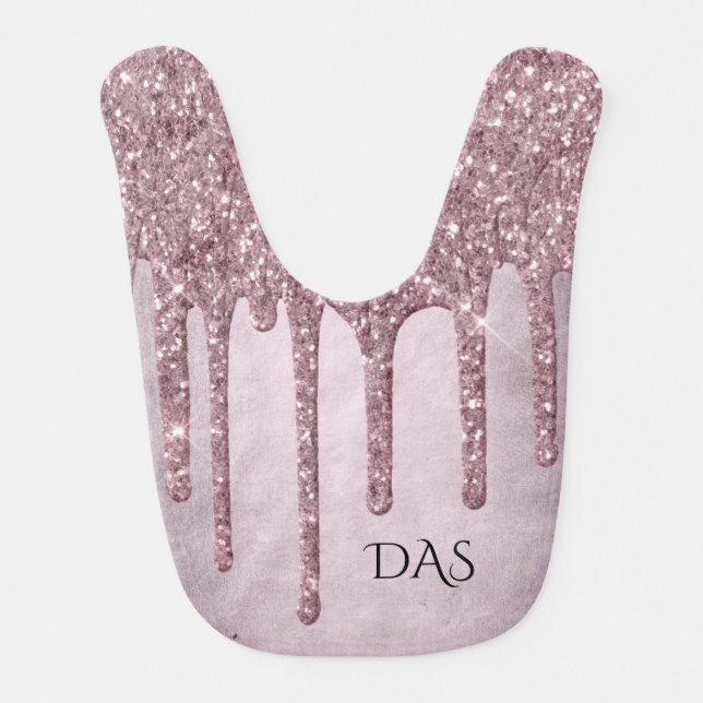 Dripping Mauve Glitter | Dusty Pink Melt Monogram Baby Bib (Front)