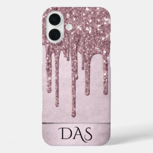 Dripping Mauve Glitter Dusty Pink Melt Monogram iPhone 16 Plus Case