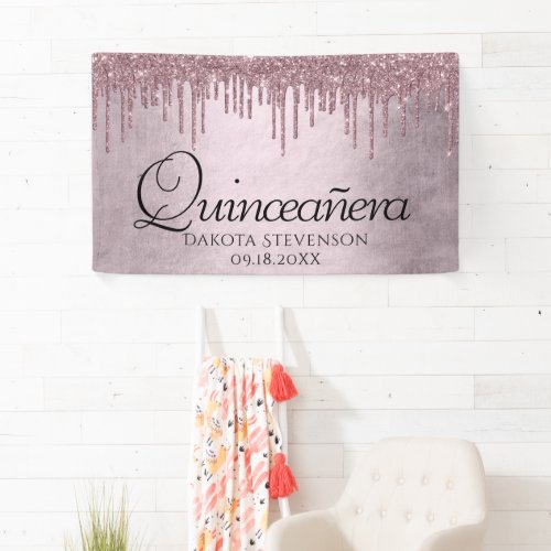 Dripping Mauve Glitter  Dusty Pink Quinceanera Banner