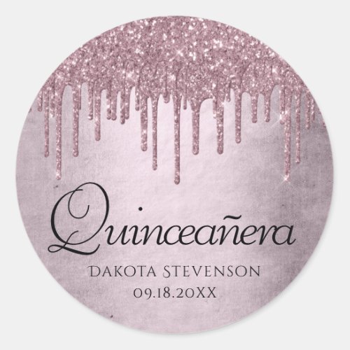 Dripping Mauve Glitter  Dusty Pink Quinceanera Classic Round Sticker