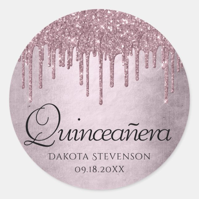 Dripping Mauve Glitter | Dusty Pink Quinceanera Classic Round Sticker (Front)
