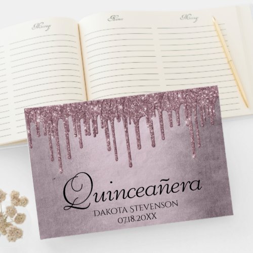 Dripping Mauve Glitter  Dusty Pink Quinceanera Guest Book