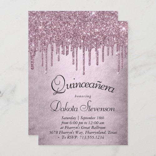 Dripping Mauve Glitter  Dusty Pink Quinceanera Invitation
