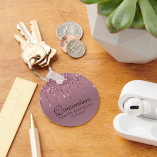Dripping Mauve Glitter Dusty Pink Quinceanera Keychain