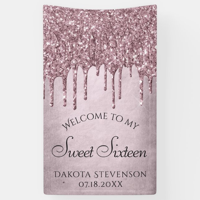 Dripping Mauve Glitter | Dusty Pink Sweet Sixteen Banner (Vertical)