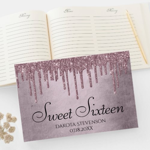 Dripping Mauve Glitter  Dusty Pink Sweet Sixteen Guest Book