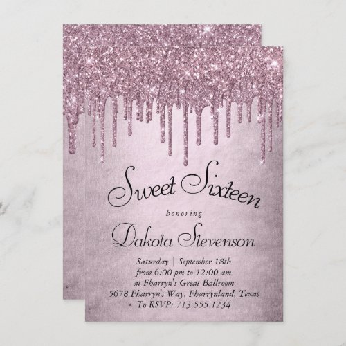 Dripping Mauve Glitter  Dusty Pink Sweet Sixteen Invitation