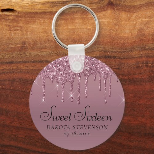 Dripping Mauve Glitter  Dusty Pink Sweet Sixteen Keychain