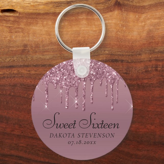 Dripping Mauve Glitter | Dusty Pink Sweet Sixteen Keychain (Front)