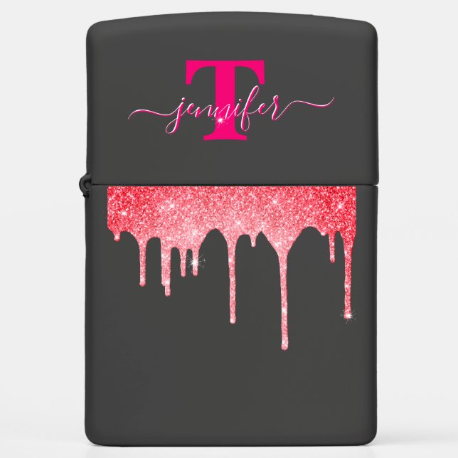 Dripping Metallic Hot Pink Glitter Monogram Zippo Lighter (Front)