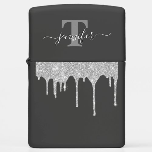 Dripping Metallic Silver Glitter Monogram Zippo Zippo Lighter