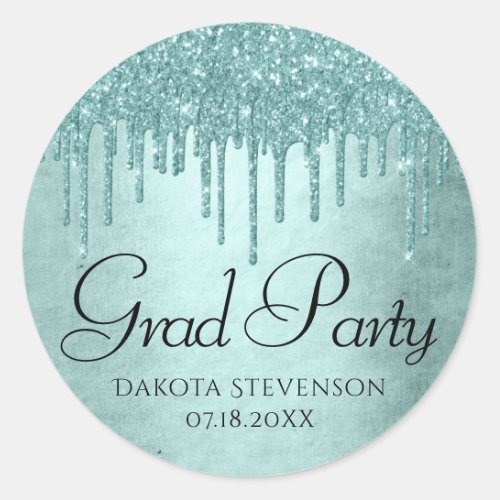 Dripping Mint Glitter  Aqua Teal Icing Graduation Classic Round Sticker