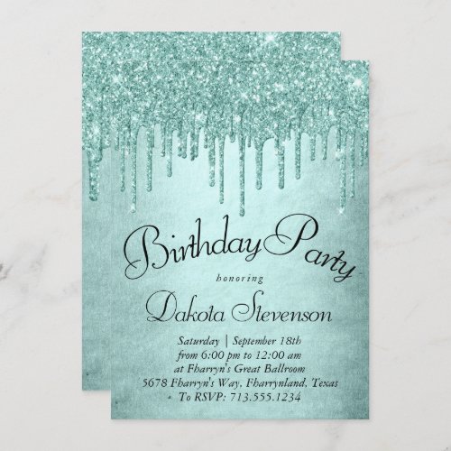 Dripping Mint Glitter  Aqua Teal Melting Birthday Invitation