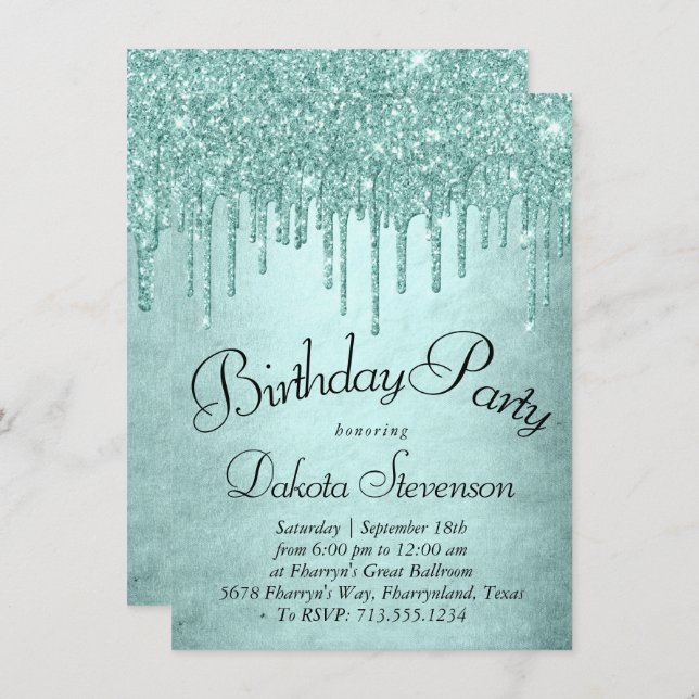 Dripping Mint Glitter | Aqua Teal Melting Birthday Invitation (Front/Back)
