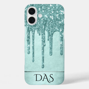 Dripping Mint Glitter Aqua Teal Melting Monogram iPhone 16 Plus Case