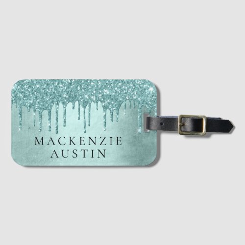 Dripping Mint Glitter  Aqua Teal Melting Monogram Luggage Tag