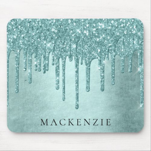 Dripping Mint Glitter  Aqua Teal Melting Monogram Mouse Pad