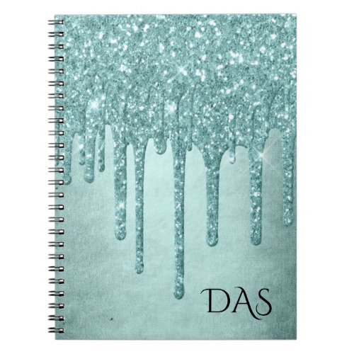 Dripping Mint Glitter  Aqua Teal Melting Monogram Notebook