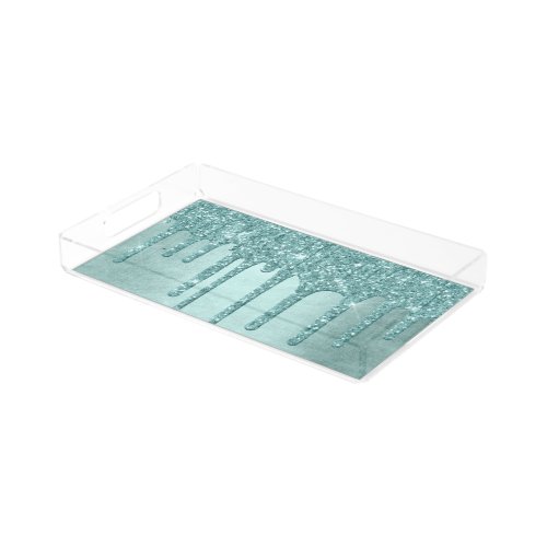 Dripping Mint Glitter  Aqua Teal Melting Pour Acrylic Tray