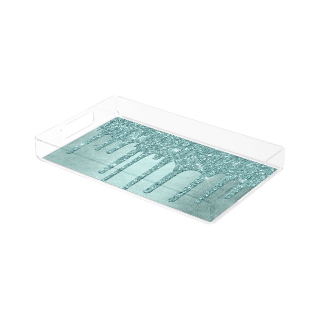 Dripping Mint Glitter | Aqua Teal Melting Pour Acrylic Tray (Angled)