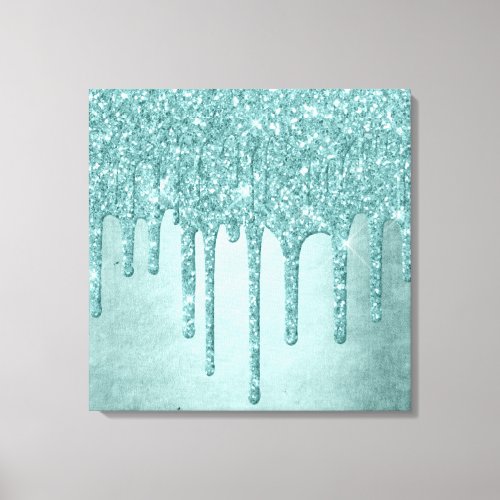Dripping Mint Glitter  Aqua Teal Melting Pour Canvas Print
