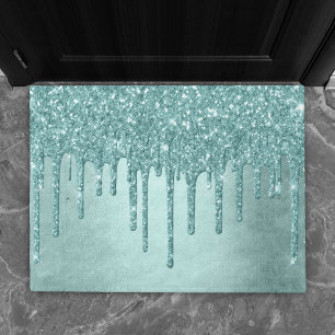 Dripping Mint Glitter Aqua Teal Melting Pour Doormat
