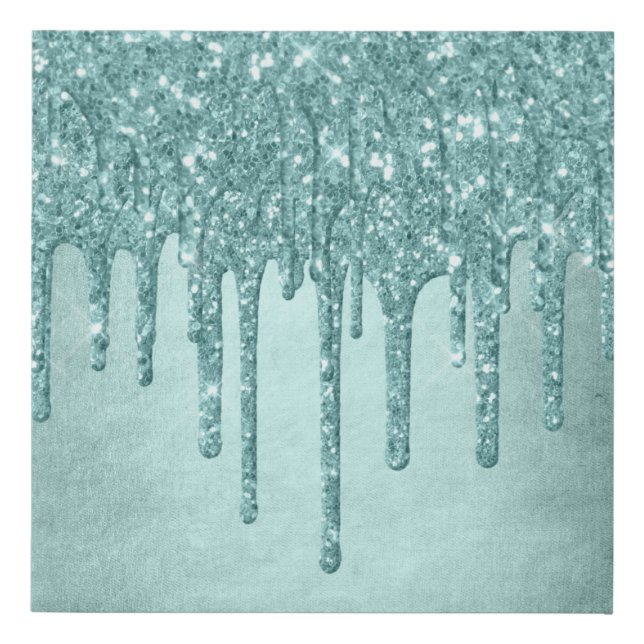 Dripping Mint Glitter | Aqua Teal Melting Pour Faux Canvas Print (Front)
