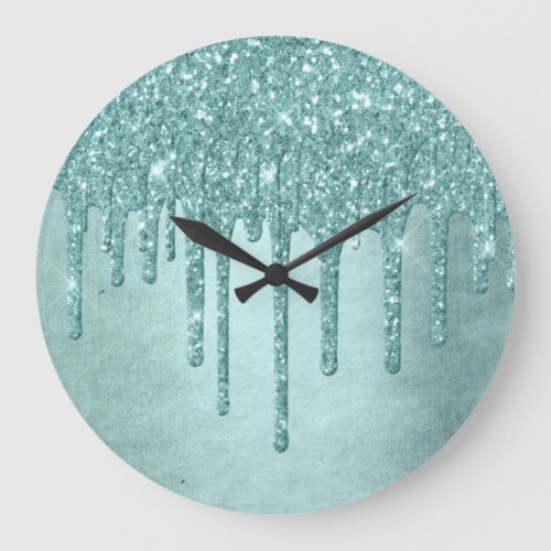 Dripping Mint Glitter  Aqua Teal Melting Pour Large Clock