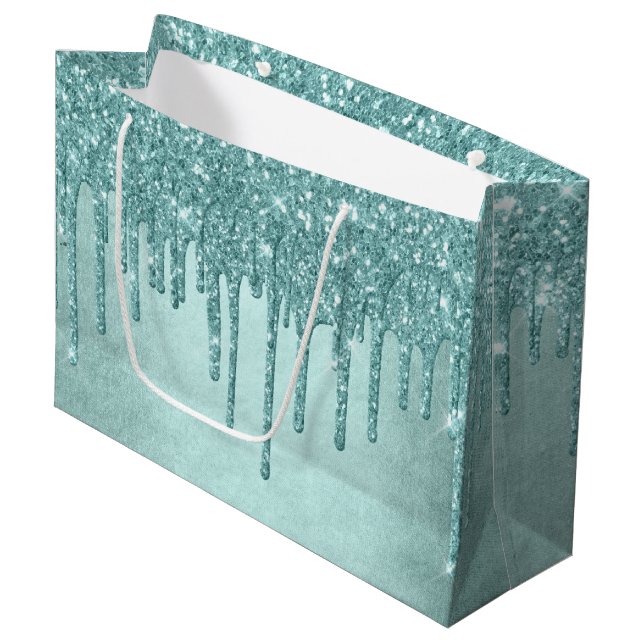 Dripping Mint Glitter | Aqua Teal Melting Pour Large Gift Bag (Front Angled)