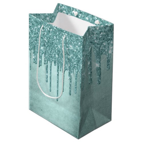 Dripping Mint Glitter  Aqua Teal Melting Pour Medium Gift Bag