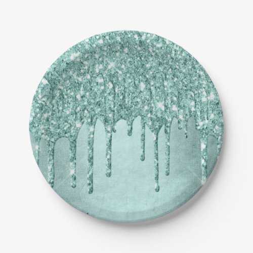 Dripping Mint Glitter  Aqua Teal Melting Pour Paper Plates