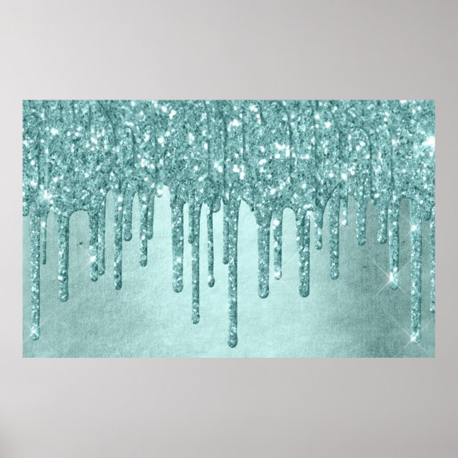 Dripping Mint Glitter | Aqua Teal Melting Pour Poster (Front)