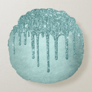 Dripping Mint Glitter   Aqua Teal Melting Pour Round Pillow