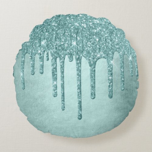 Dripping Mint Glitter  Aqua Teal Melting Pour Round Pillow