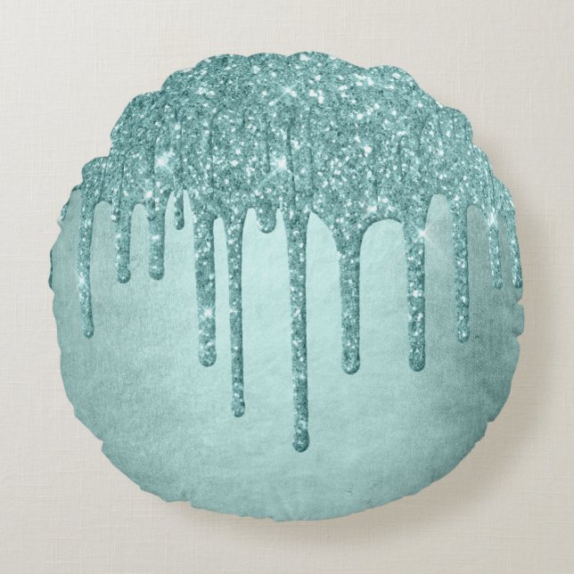 Dripping Mint Glitter | Aqua Teal Melting Pour Round Pillow (Front)