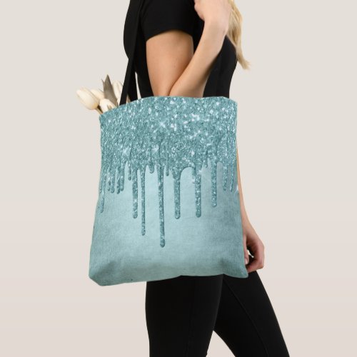 Dripping Mint Glitter  Aqua Teal Melting Pour Tote Bag