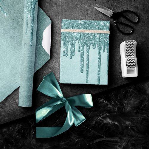 Dripping Mint Glitter  Aqua Teal Melting Pour Wrapping Paper